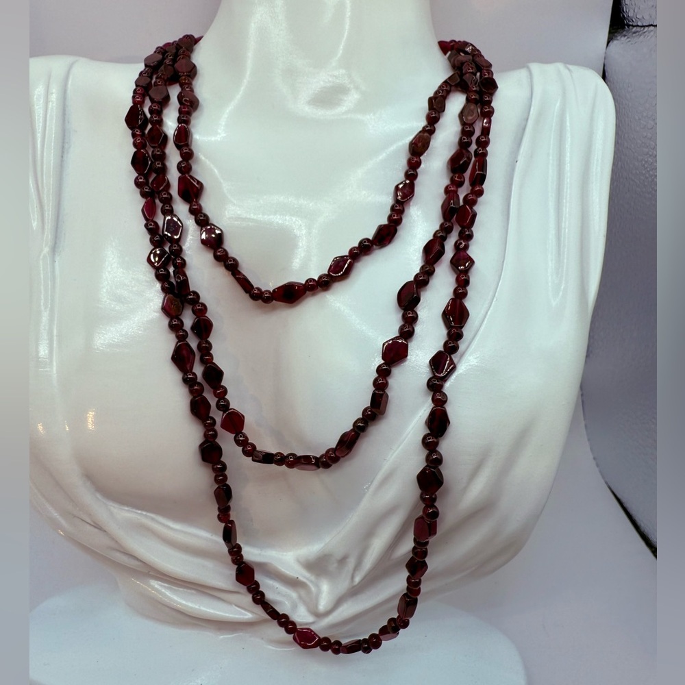 Genuine Almandine Garnet Unusual Geometric Rhombus Bead Necklace Clasp-Free 48”
